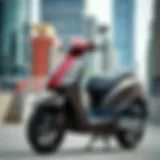 A sleek moped parked against a city backdrop