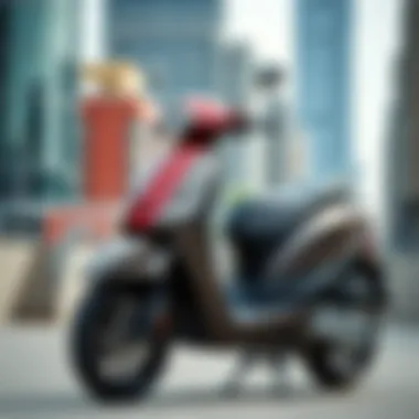 A sleek moped parked against a city backdrop