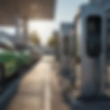 Charging Infrastructure for Dual Fuel Vehicles A sleek dual fuel electric car charging at a modern station