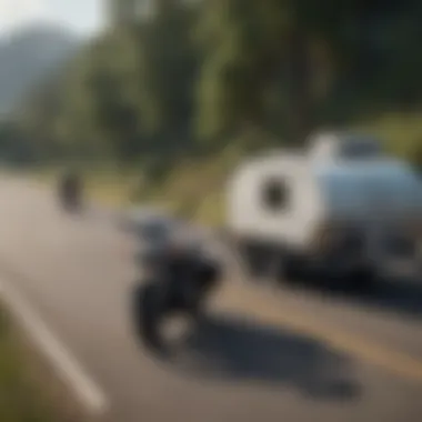 Motorcycle towing a compact camper trailer on a scenic road