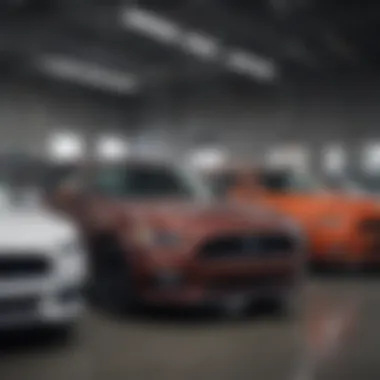 Showroom floor featuring a diverse selection of Ford vehicles