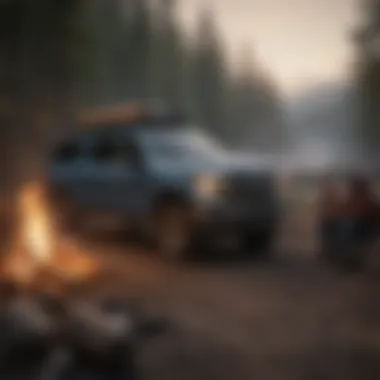 A group of diverse campers enjoying a bonfire near their Ford truck.