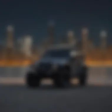 A Jeep parked in the heart of Chicago's skyline