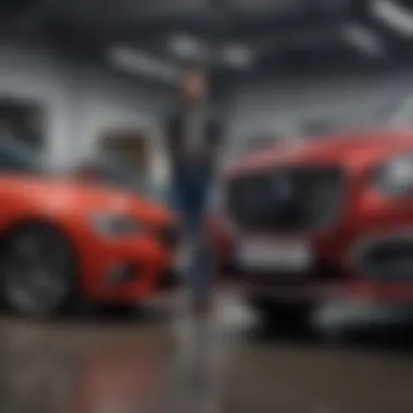 A close-up of a customer examining a pre-owned vehicle, highlighting consumer preferences.