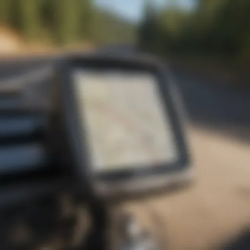 Detailed view of a GPS device displaying a trail map in a natural setting