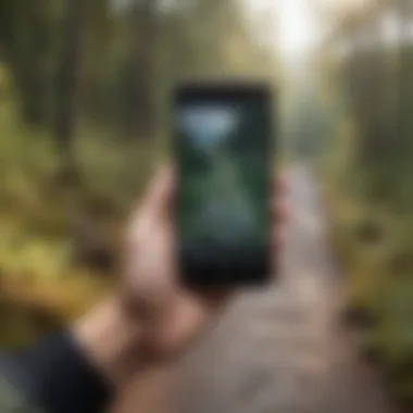 An outdoor enthusiast using a smartphone with GPS app while hiking