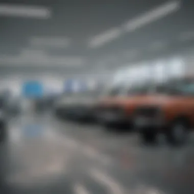 Interior of a Volkswagen dealership featuring a variety of vehicles