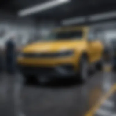 Volkswagen service area with technicians working on a vehicle