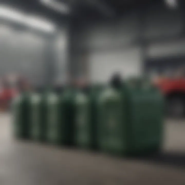 A well-stocked garage showing gas cans prepared for emergencies.