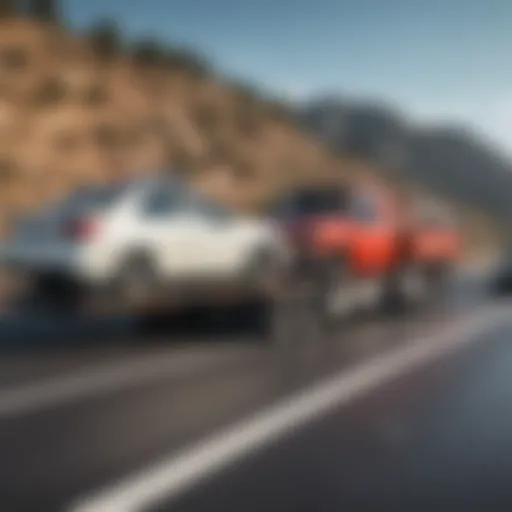 A scenic view of a tow truck transporting a vehicle on a highway