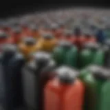 A collection of different types of spare gas cans arranged neatly.