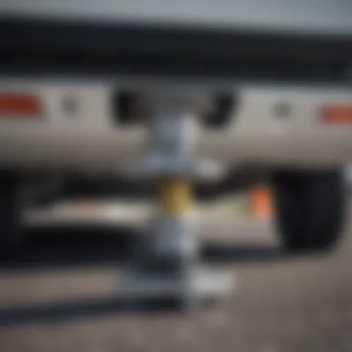 Close-up of a stabilizer jack in use on a Class C motorhome.