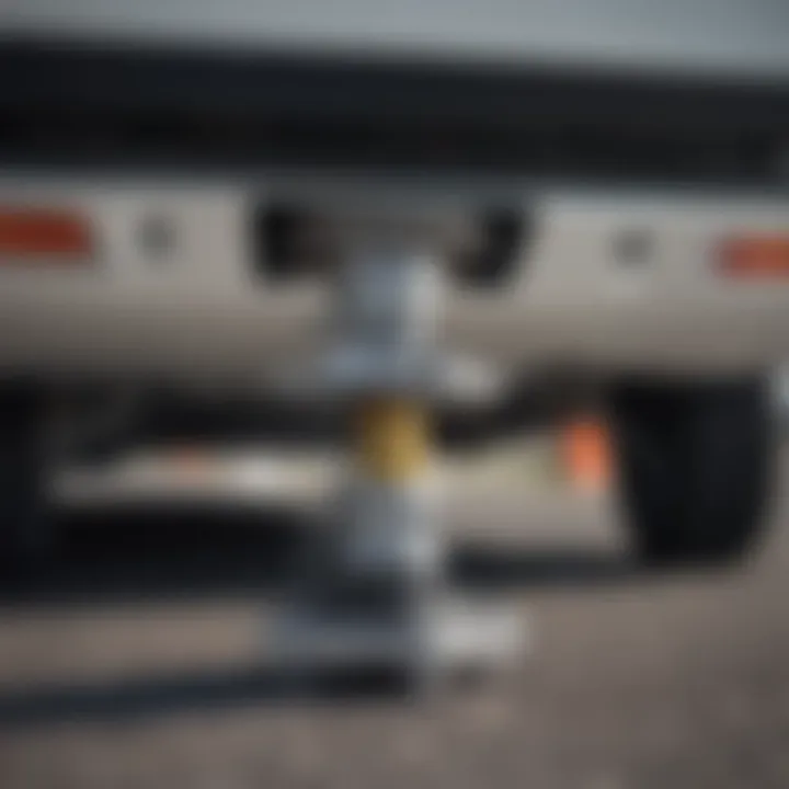 Close-up of a stabilizer jack in use on a Class C motorhome.