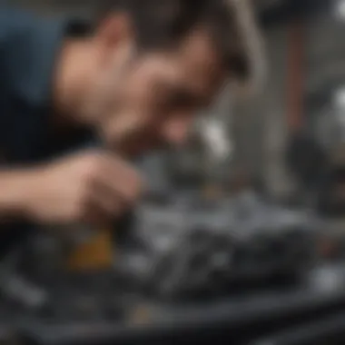 An automotive technician applying a cylinder head sealer during engine repair.