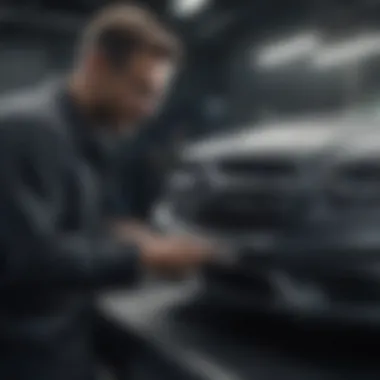 Technician examining a vehicle with modern diagnostic equipment